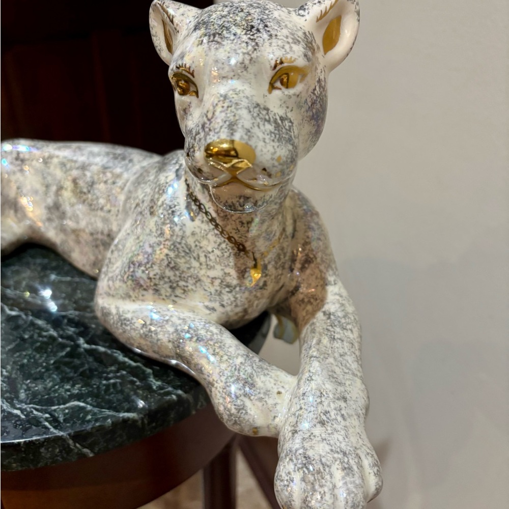 Speckled White Porcelain Leopard Gold Accents Sculpture - Picture 2 of 8